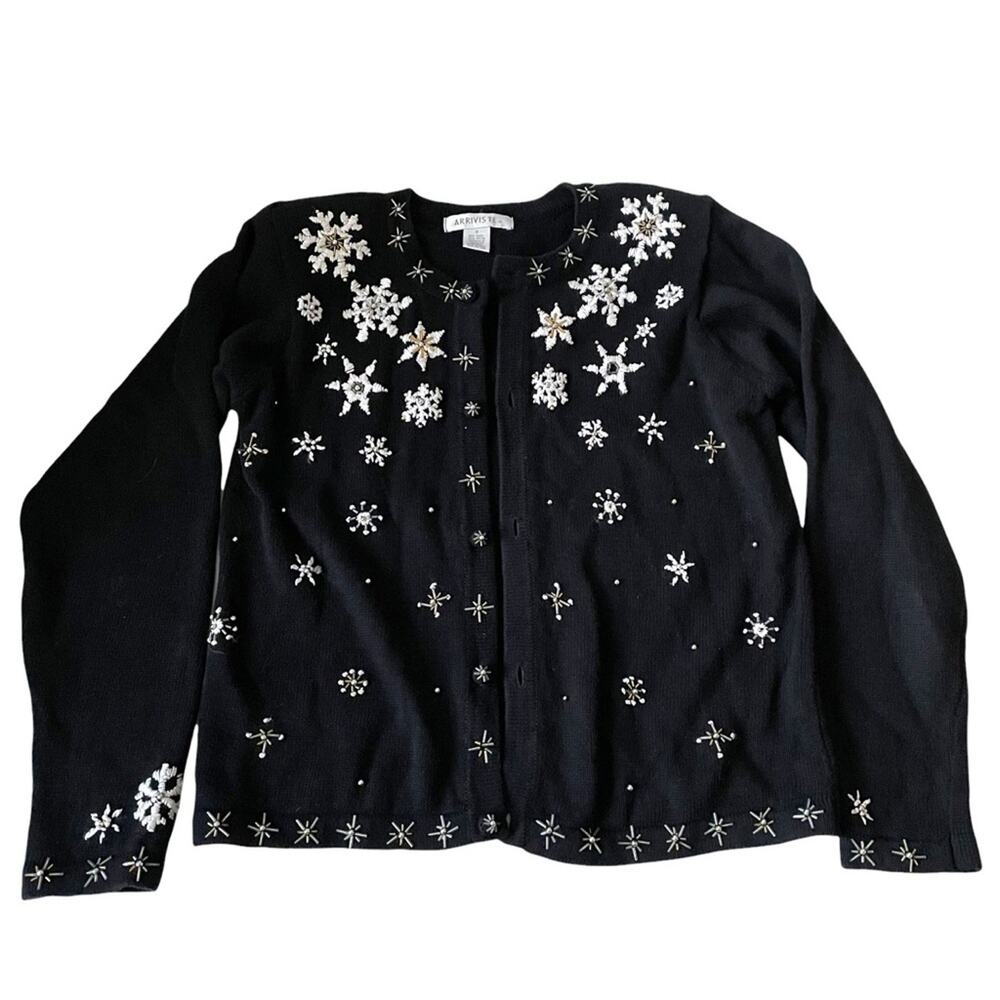 Vintage 1990s Arriviste Snowflake Cardigan Sweater Beaded Embroidered Black S